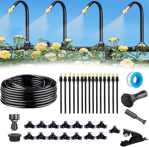 Automatisches Gartenbewässerungssystem, Bewässerungssystem Garten, 8mm Schlauch Nebelbewässerungskit, 360° Verstellbare Kupferdüse, für Gewächshaus, Garten und Rasen (49.2Ft)