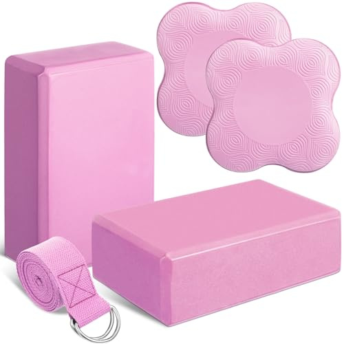 RoundFunny 5 Pcs Yoga Blocks Knee Pads Yoga Strap Set Soft Premium Foam Blocks Accessories for Pilates Meditation General Fitness Stability, Kneeling, Balance, Deepen Stretches and Toning (Pink)