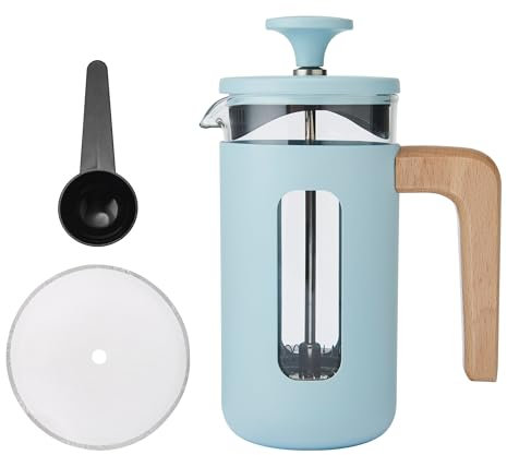 La Cafetière Pisa, Caffettiera francese da 3 tazze, con stantuffo e struttura in resistente acciaio inox, resistente al calore, con elegante manico in legno naturale, versatile, 350 ml, azzurro