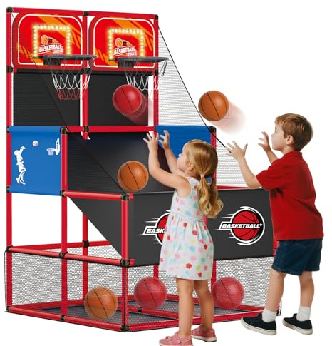 QiquBox Juego de Baloncesto Electrónico Doble Cesta con Tabla de Puntuación - Cesta de Baloncesto Infantil 6 Bolas - Juguete Deportivo Interior/Exterior Regalo para Niñas Niños 3 4 5 6 7 Años Rojo