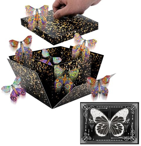 Caja de regalo sorpresa con 4 mariposas voladoras, caja de cumpleaños de mariposa explosión con tarjeta de felicitación, caja de cumpleaños de mariposa para cumpleaños, bodas (negro)