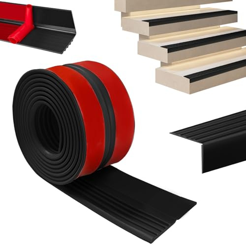 Perfil de borde de escalera autoadhesivo, 6 m, bordes de escaleras, perfil de transición, antideslizante, peldaños de goma flexible, para interiores y exteriores, color negro
