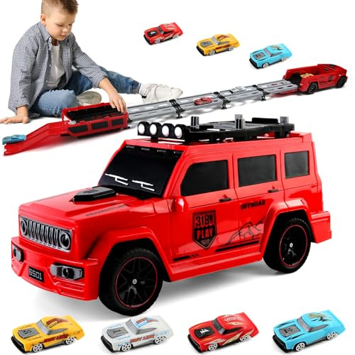 Varrotoy Transporter Truck Spielzeugautos für Kinder mit Mini Auto,Rennstrecken Transport LKW,Klappbarer Auswurf Spielzeug-Transporter Geschenke für Jungen und Mädchen 3 4 5 6 Jahren(Rot)