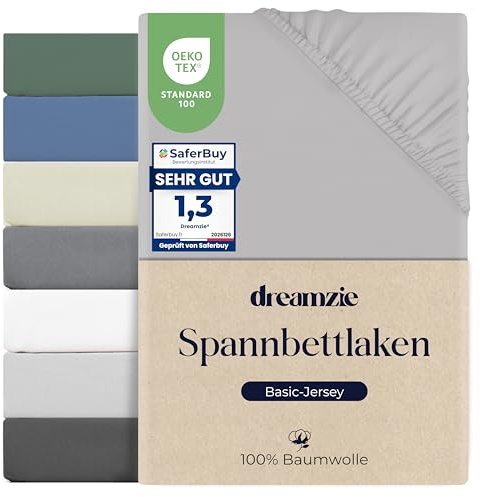 Dreamzie Spannbettlaken 180x200cm, 100% Baumwolle Jersey dehnbar, Spannbetttuch Bettlaken, Steghöhe 30 cm für Matratzen bis 27 cm, Oeko-Tex Zertifiziert, Hypoallergen, Grau