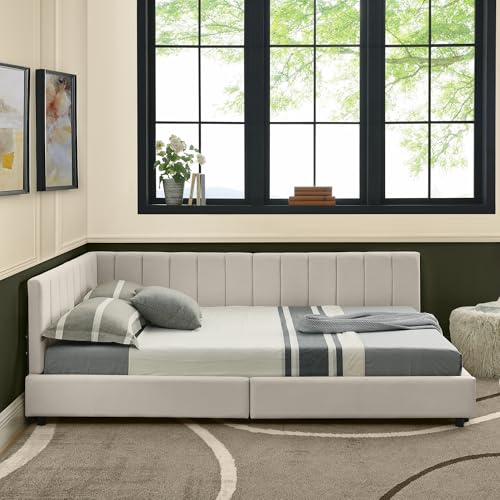 Arhatreya Schlafsofa 160x200 cm, L-Form Sofabett mit Hoher Rückenlehne, Polsterbett mit Lattenrosten, Kinderbett Doppelbett Tagesbett für Wohnzimmer Schlafzimmer (Ohne Matratze) Samtstoff Beige