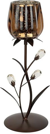 Kerzenhalter aus Metall mit Glas-Schale Teelichthalter Kerzenständer Kerzenleuchter modern Blumen Design Braun Gold Wohnzimmer Deko Tischdeko Geschenkidee Stimmungslicht romantische Deko Valentinstag