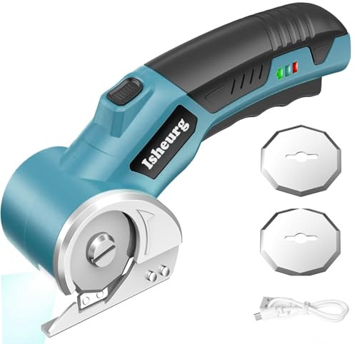 Isheurg Kartonschneider Elektrisch,Elektrische Schere,Akkuschere Tragbar Rollschneider Akku-Universalschneider Rotationsschneider - 2 Elbstschärfender Klinges - für Papier,Pappe,Teppich,Leder,Filz