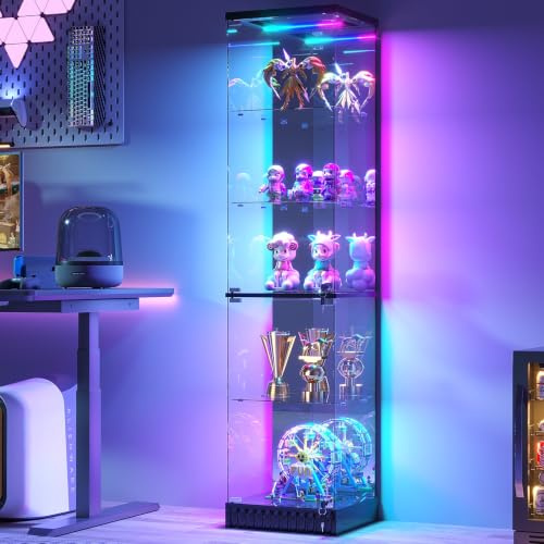 Gurexl 67″ RGB Glass Display Cabinet with Lockable for Bedroom,Black | 5 Tier Modern Curio Cabinet with Dynamic lighting,Storage Bookcase Cabinet with Glass Door for Study,Living Room,Bedroom