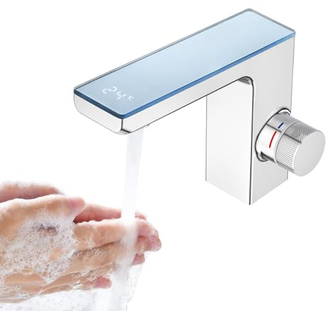 CREA Infrarot Sensor Wasserhahn Bad, Digitalanzeige, Chrom | Warmes Kaltwasser Mischbatterie mit Temperaturanzeige, Automatisch Sensor Armatur für Waschbecken, 304 Edelstahl