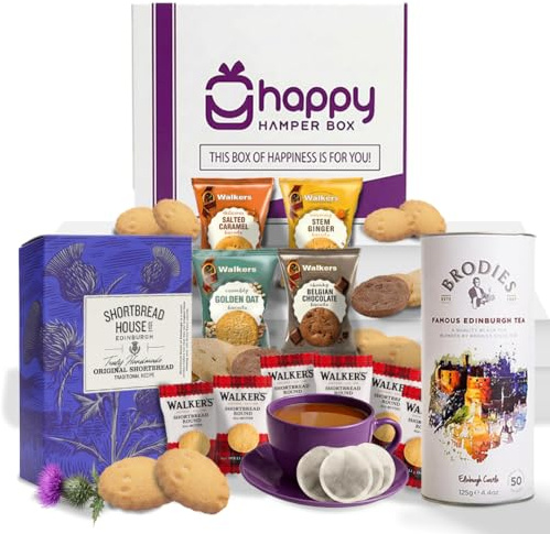 Happy Hamper Box – Premium Scottish Afternoon Tea Hamper Gift Set, 12 Items | Gifting Ready - Edinburgh Tea, Shortbread, Assorted Biscuits | Hamper Gifts for Women Men, Birthday, Anniversary, Thank You