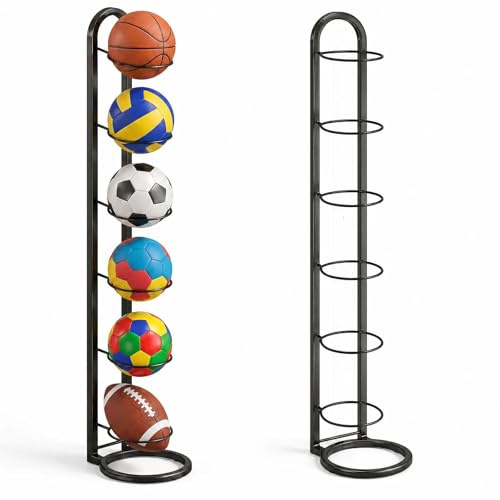 TFSZE 6 Niveles Estante de Almacenamiento de Pelotas, Soporte Pelota Baloncesto Vertical, ExtraíbleSoporte para Balón de Fútbol Soporte de Pelota de Metal para Baloncesto Fútbol Rugby Voleibol-Negro