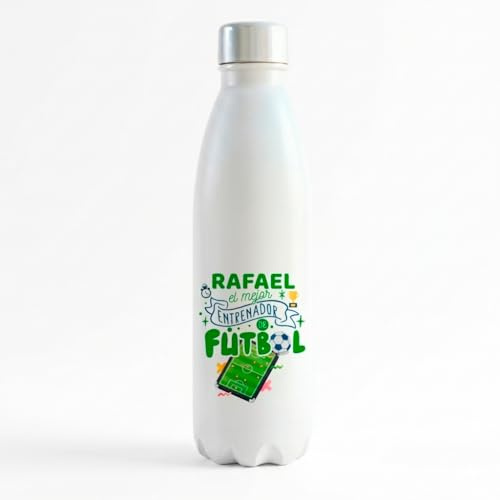 Botella Térmica Personalizada Para entrenadores de Fútbol con Nombre, Botella de Agua Color Blanco, Tapa de Acero Inoxidable, Diseño Entrenador Fútbol