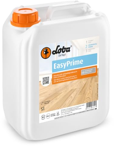Loba EasyPrime 5 Liter – Polyurethan Roll- & Spachtelgrundierung auf Wasserbasis | schnelle Trocknung | universell einsetzbar, ansatzfrei auch bei kritischen Holzarten | reduziert Kantenverleimung