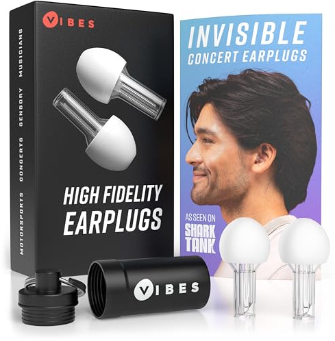 Vibes High Fidelity Earplugs – Comfortable and Reusable Hearing Protection for Concerts and Live Music, Virtually Invisible Design with Travel Case
