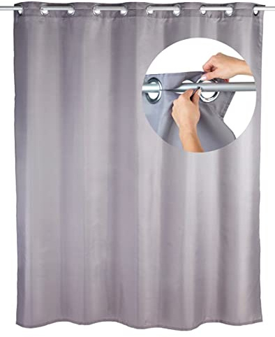 WENKO Duschvorhang Comfort Flex Grau, Textil-Vorhang fürs Badezimmer, große integrierte Ringe zur Befestigung an der Duschstange, waschbar,wasserabweisend, 180 x 200 cm
