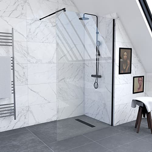 Pack Paroi de Douche 120x200cm Verre Transparent - Barre de Fixation Extensible et Profil Noir
