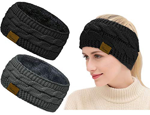 Winter Schleifen Stirnband Damen Gestrickt Warmes Stirnbänder Ohrenwärmer Kopfband Haarband Verdicken für Frauen Mädchen, Elastische Häkelarbeit Thermo Stirnband (Reines Schwarz, reines Grau)