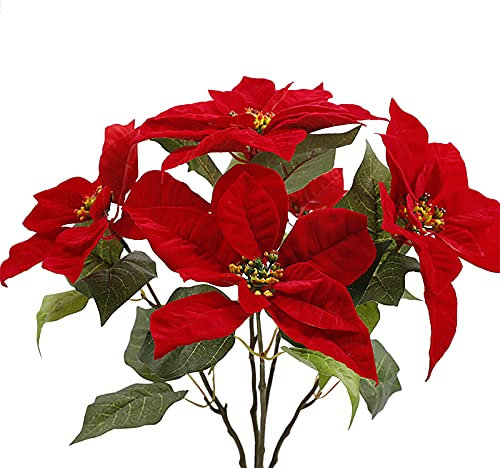 HELTER Künstliche Weihnachtssternsträucher, Seidenstoff, Kunstblume, Weihnachtsstern, Weihnachtsstrauß aus rotem Samt, Weihnachtsstern, Blumenstrauß für Weihnachten, Hochzeitsdekoration, 2 Stück