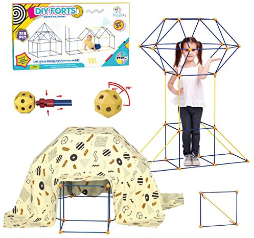 Bluesky DIY Forts kreatives Bauspielzeug (315pcs) mit Klicksystem, Steckstabbaukasten mit Querstäben: Konstruktionsspiel: XXL Spielzelt,Höhle,Rakete u.v.m, Jungen & Mädchen ab 5J.