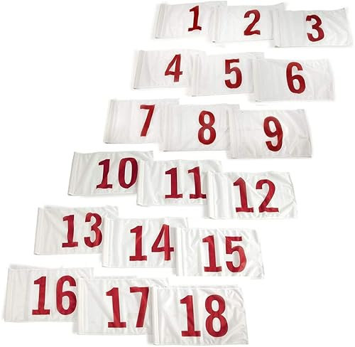 eclipse branding Numbered Golf Pin Tee Flags 1-18 yellow white blue or red with Ties for the pole, Golf Pin FLags Full Set (1-18 Red Flags Ties)