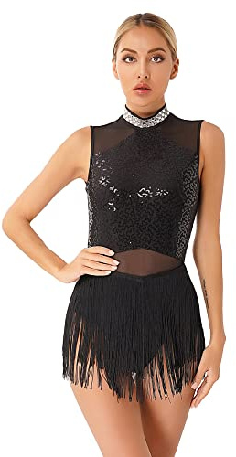 iEFiEL Damen Glitzer Ballettkleid mit Quasten Eiskunstlauf Kleid Rückenfrei Turnanzug Tanzanzug Ballettkleidung Leotard Tanzkostüm Schwarz S