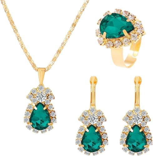 TOEECY Tropfen Kristall Schmuckset Halskette Ohrringe Ring Anhänger Damen Luxus Zirkonia Strass Goldfarben Juwelenset Hochwertig Elegant
