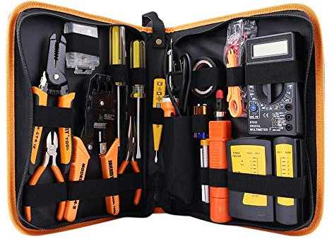 Network Tool Kit, Ethernet Crimper Cable Crimper Punch down Tool RJ45 Crimp Tool Kit, 8P8C 4P4C 6P6C Connectors RJ45 RJ11 LAN Cat55e Cat6 Cable Tester,Wire Stripper,Soldering Iron,Cutters