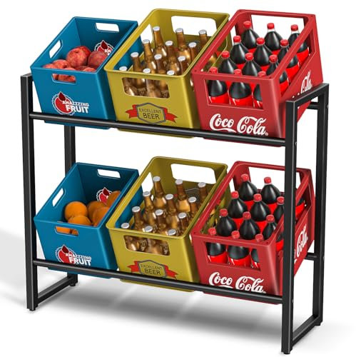 TESSTINA Getränkekistenregal für 6 Kisten, Trag. 300KG, Getränkeregal aus Metall, Kistenregal mit Höhenverstellbaren Kunststofffüßen, Getränkekistenhalter zur Platzersparnis, Schwarz