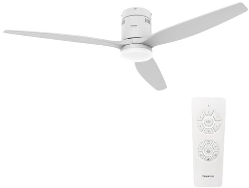 Taurus Polar 3B Pure Deckenventilator mit Fernbedienung, 30 W, Naturholz, Weiß, sehr leise, 3 Flügel Durchmesser 132 cm, Sommer-/Winterfunktion, Timer, LED