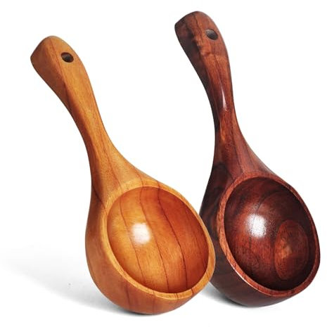 Bafnsiji Ensemble de cuillère à louche en Bois, louche en Bois, louche en Bois pour la Cuisson, cuillère à Soupe en Bois Naturel, cuillère à sel de Bain avec Trou Suspendu, Soupe Ronde