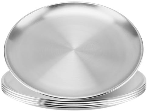 CHUENKUK 5 pezzi piatti rotondi in acciaio inox, piatti in acciaio inox, 26 cm, teglia per pizza in forno
