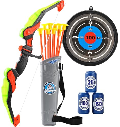 PowerTRC Kids Bow and Arrow Set, Bow and Arrow Set for Kids 8-12 – Kids Archery Set with Target Practice LED Light Up with 10 Suction Cup Arrows & Quiver Outdoor Play Toys (Green)