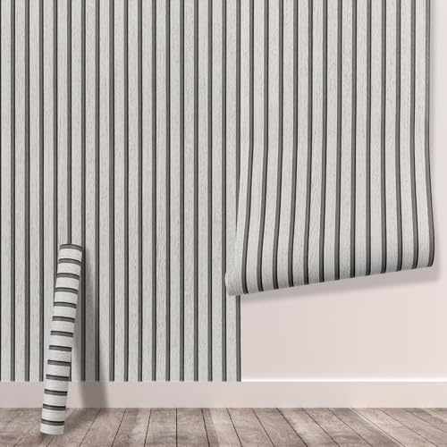 Tarwanear Wood Effect Wallpaper Wood Slat Wallpaper 1 Roll(5.03m²) Grey Wooden Slat Effect Wall Paper Natural Wooden Slatted Roll for Living Room Bedroom Office Front Desk Feature Wall
