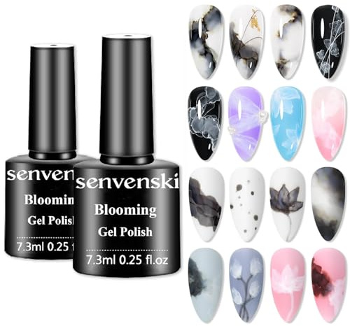 Senvenski Blooming Smalto Semipermanente Kit Unghie Acquerello Marmo Inchiostro Nero Bianco Fioritura Floreale Effetto Stampa Nail Art Gel Vernice Manicure (YR2-002)