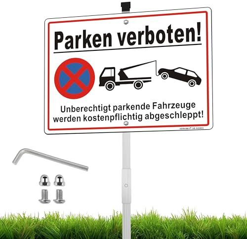 XL Schild Parken Verboten Aluminium Reflektierend 25×35cm mit 70cm Pfosten und Zubehör, UV-beständig, Wasserfest, Rostfrei, mit Bohrlöcher, Weiß