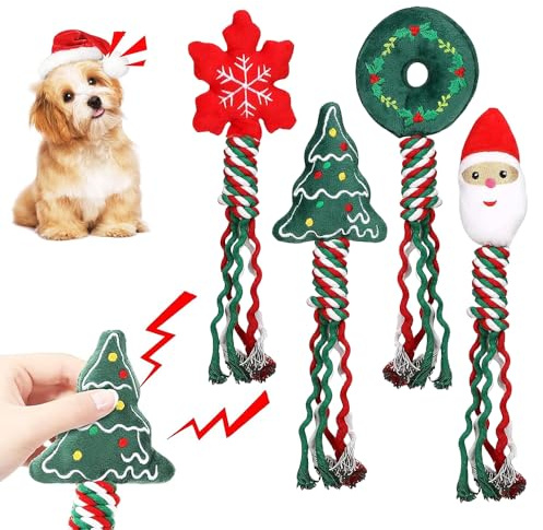 LUFEIS Hundespielzeug Weihnachten, 4 Stück Spielzeug für Hunde, Nteraktives Hundespielzeug Plüsch, Welpenspielzeug Quietschend, Kauspielzeug Unzerstörbar Dog Toys Geeignet als Geschenke für Hunde