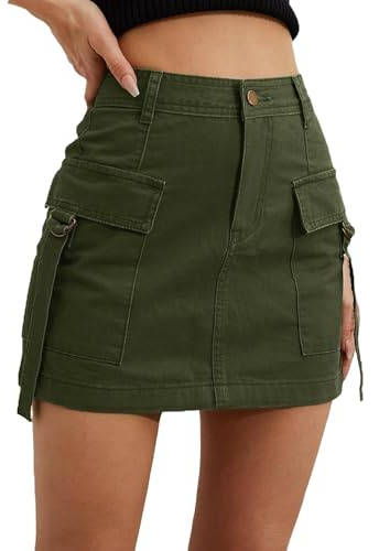 Cargo kjol dam kort – cargokjol knälång sommar vintage minikjol hög midja casual korta kjolar med fickor cargo kjol vandringskjol cargokjol omlottkjol streetwear Y2K kjol pennkjol, Grön, M