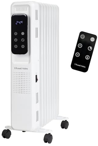 Russell Hobbs 2000W/2KW Oil Filled Radiator Digital 9 Fin Portable Electric Heater in White, Remote Control 3 Heat Settings, 24hr Auto Timer, Overheat Protection, 2 Year Guarantee RHOFR2009-D