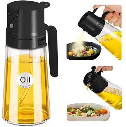 YARRAMATE Pulverizador de aceite 2 en 1 para aceite de cocina Fácilmente rellenable, botella spray aceite cocina de 470 ml alimentos, aceitera spray fácil de, para freidora de aire caliente (Negro)