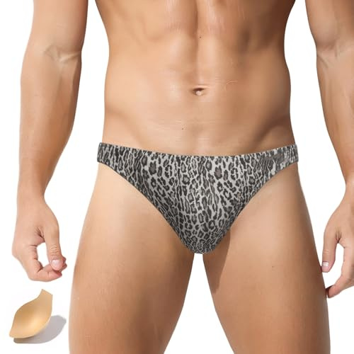 Ausing Herren Badeslip Eng Kurz Badehose Mini Sexy Schwimmhose Wassersport Strand Swim Briefs Schnell Leopardenmuster XL