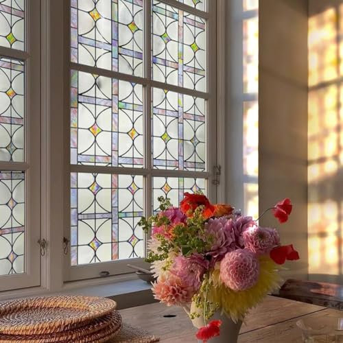 Fensterfolie selbstklebend 3D Buntglas-Fensterfolie Fenster-Sichtschutzfolie Bunt Blickdichte für Badezimmer, Haustür, Haus, Sonnenschutz, Wärmeschutz, statisches Kleben, Tausend Träume 44X120CM