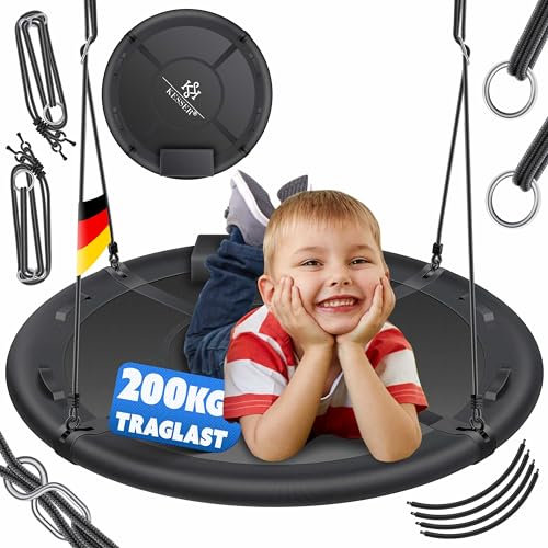 KESSER® Balançoire nid d'oiseau - Diamètre : 60 cm - Charge maximale : 200 kg - Avec coussin et 4 poignées réglables - Pour enfants et adultes - Anthracite