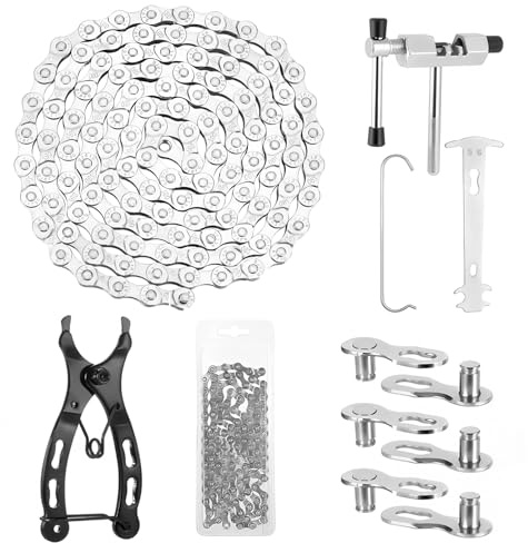 8pcs Bike Chain Tool Kit: Chain Link Removal Tool Includes 6/7/8 Speed Mountain Bike Chains (116 Links 1/2x3/32) Link Plier Cutter & Inspection Gauge for Mountain Road Bicycle