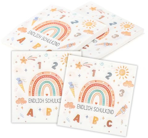 CharmBurst 40 Stück Servietten Einschulung Schulkind, Regenbogen Schulanfang Deko, Papierservietten Schuleinführung, Einschulung Mädchen Deko Schulkind Tischdeko 33x33cm