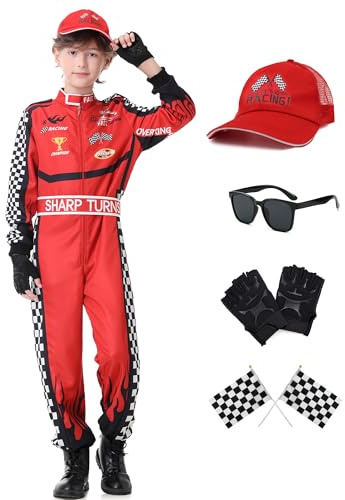 Dzorim Costume da Pilota di Auto, Abbigliamento per Piloti da Corsa, Dress Up con guanti Occhiali da sole Berretto (Rosso, 110)