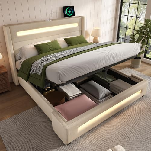 RIAZOS Polsterbett 180x200 cm, Doppelbett Jugendbett mit LED, Hydraulisches Stauraumbett mit USB Type-C Aufladen, Bettgestell mit Lattenrost, Beige, Leinen, ohne Matratze