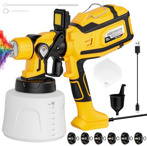 Paint Sprayer for House Painting, Paint Sprayer with 1000W Powerful Copper Motor, 1400ml (47oz) Container, 6 Brass Nozzles & LED Light, Easy to Clean for House, Fence, Furniture, Walls, DIY, Garden