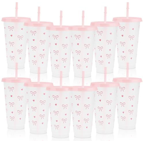 ktxaby 12 Stück Trinkbecher mit Deckel und Strohhalm, 710ml Wiederverwendbare Plastikbecher Pink mit Schleifen-Motiv, Smoothie Kaffee Reisebecher to Go Mehrweg Party Tumbler