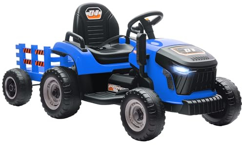 AIYAPLAY Ride on Tractor with Trailer, 12V Electric Vehicle with Remote Control, Ride on Car for Kids with Music, Shifter, Start-Up Sound for Ages 3-8 Years, Blue