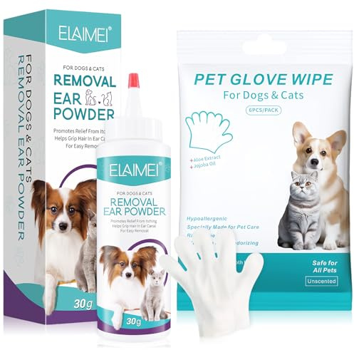 Pulizia Orecchie Cane, Paglie di Guanti per Animali Domestici, Polvere per Depilazione Orecchie Cani, Guanti Pulizia Cane e Gatto, Elimina Odori, Pulito, Ottimo per Tutti i Cani Gatto